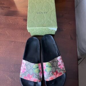 Gucci Slide Sandals with Pink & Green Floral Logo Strap